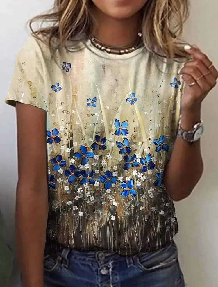 Womens Summer Casual Floral Tops Boho Flower Plant Print T Shirt Short Sleeve Crewneck Landscape Dandelion Tee