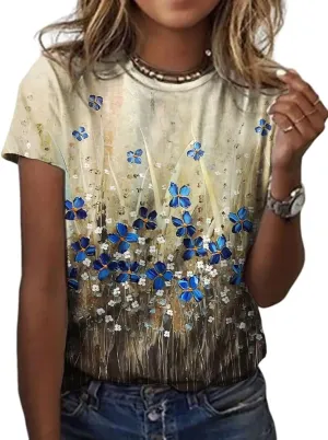 Womens Summer Casual Floral Tops Boho Flower Plant Print T Shirt Short Sleeve Crewneck Landscape Dandelion Tee