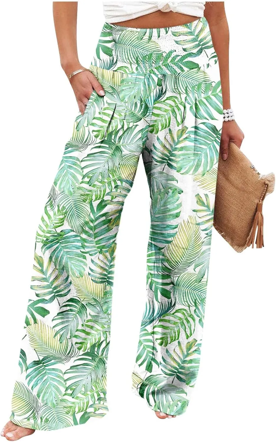 Women's Summer Casual High Waist Stretchy Wide-Leg Trousers with Pockets Cotton Linen Loose Fit Palazzo Pants