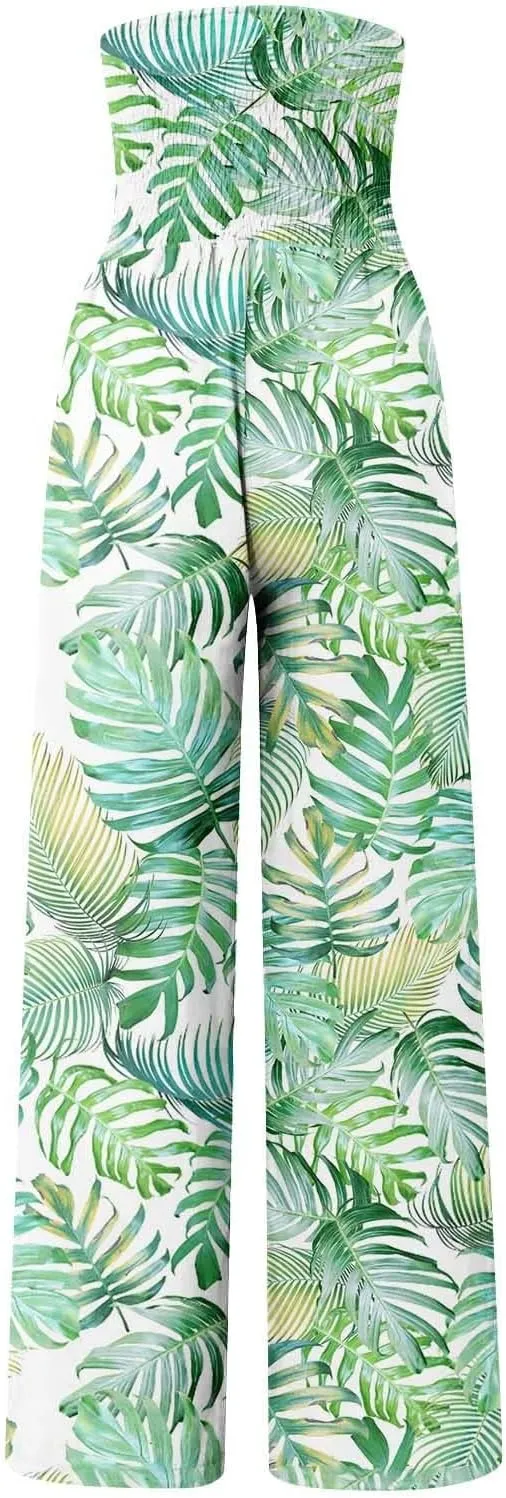 Women's Summer Casual High Waist Stretchy Wide-Leg Trousers with Pockets Cotton Linen Loose Fit Palazzo Pants