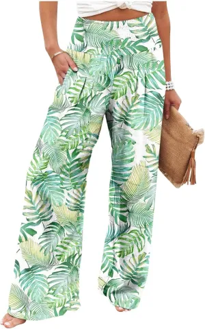 Women's Summer Casual High Waist Stretchy Wide-Leg Trousers with Pockets Cotton Linen Loose Fit Palazzo Pants