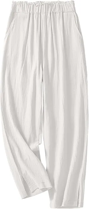 Women's Summer Casual Linen Pants Elastic High Waist Loose Slit Cropped Trousers Outdoor Hiking Workout Pants with Pockets