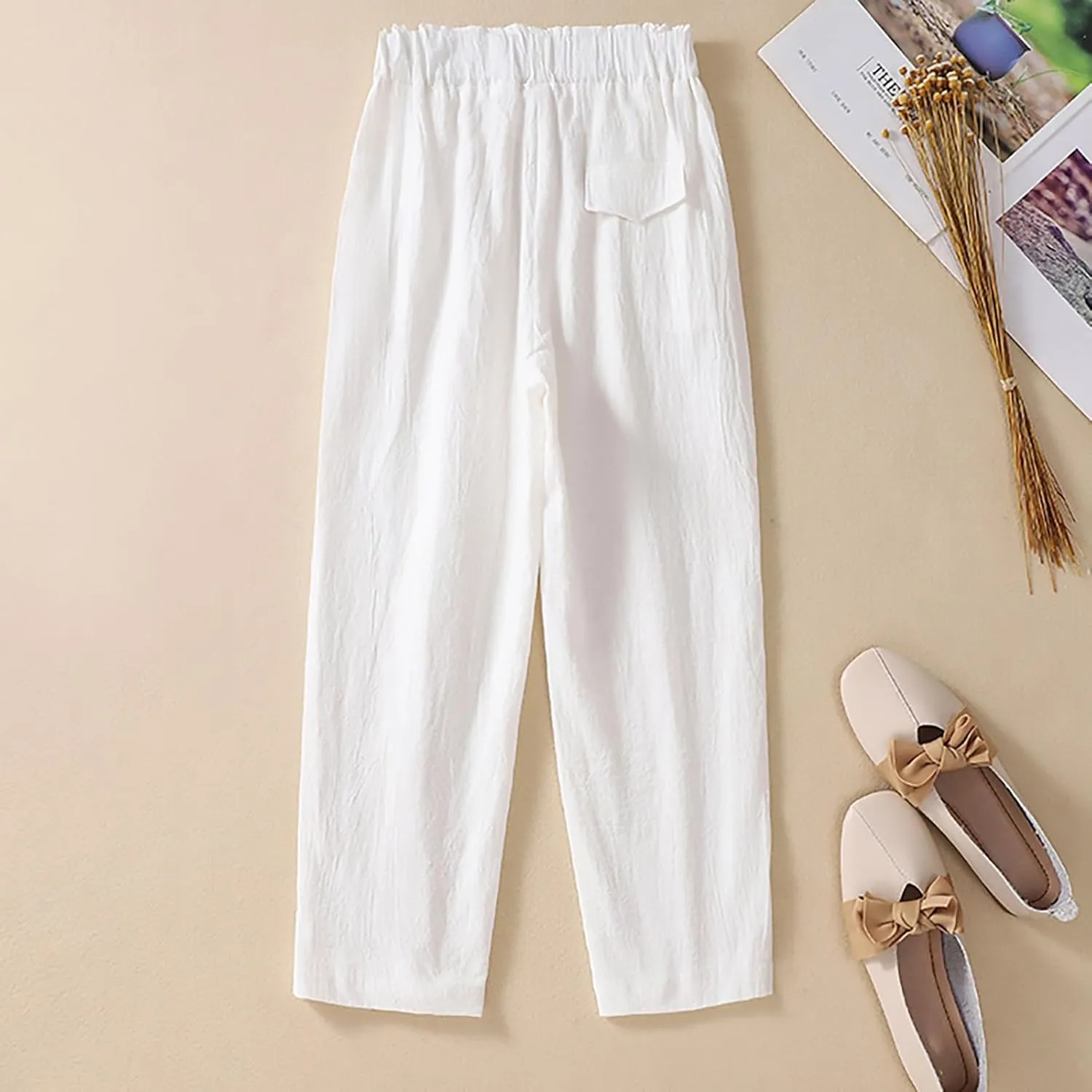 Women's Summer Casual Linen Pants Elastic High Waist Loose Slit Cropped Trousers Outdoor Hiking Workout Pants with Pockets