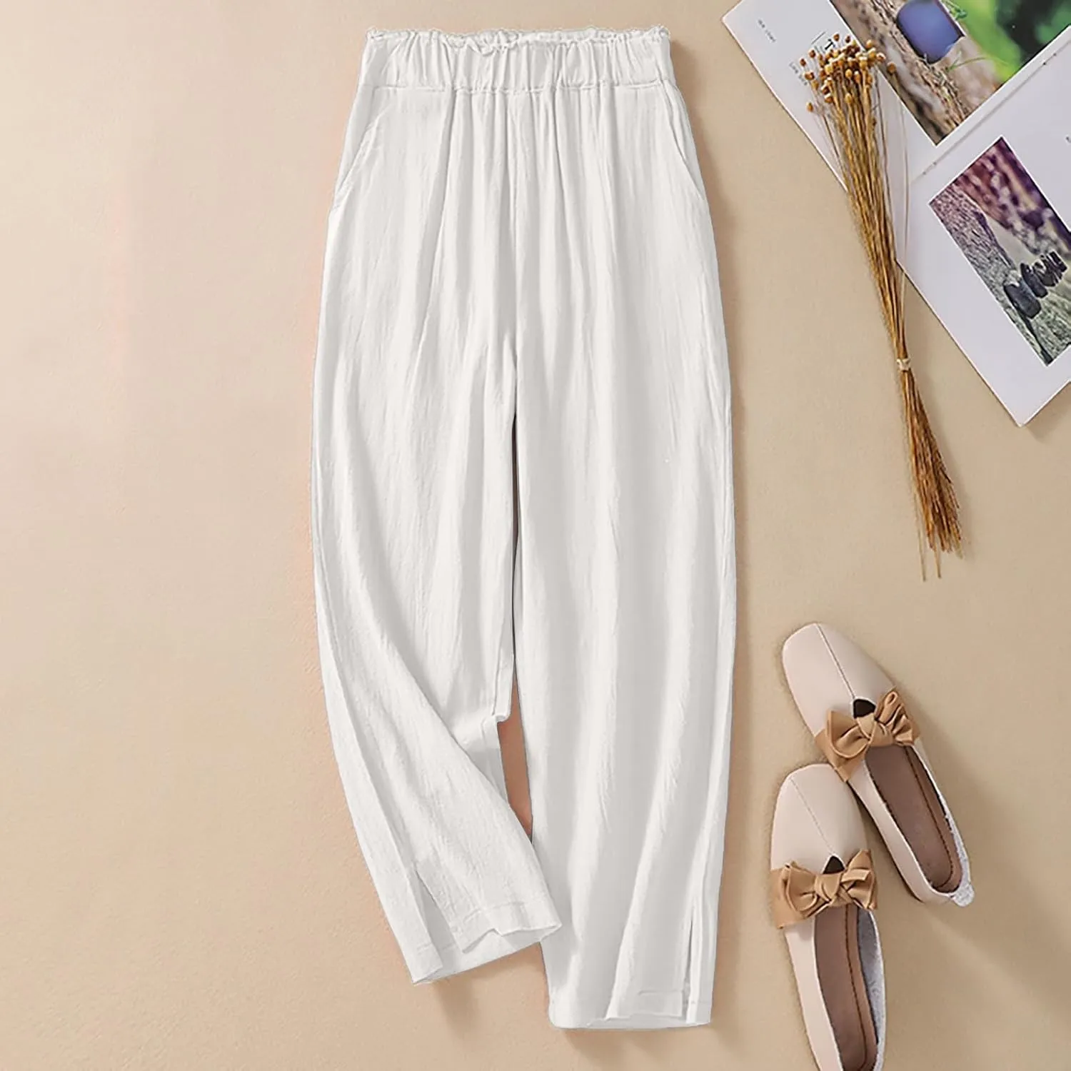 Women's Summer Casual Linen Pants Elastic High Waist Loose Slit Cropped Trousers Outdoor Hiking Workout Pants with Pockets