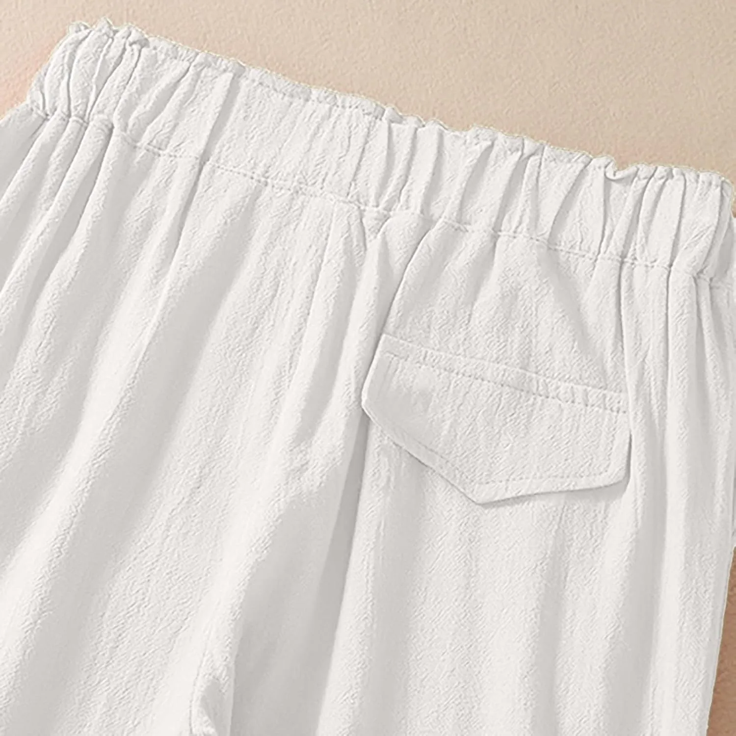 Women's Summer Casual Linen Pants Elastic High Waist Loose Slit Cropped Trousers Outdoor Hiking Workout Pants with Pockets