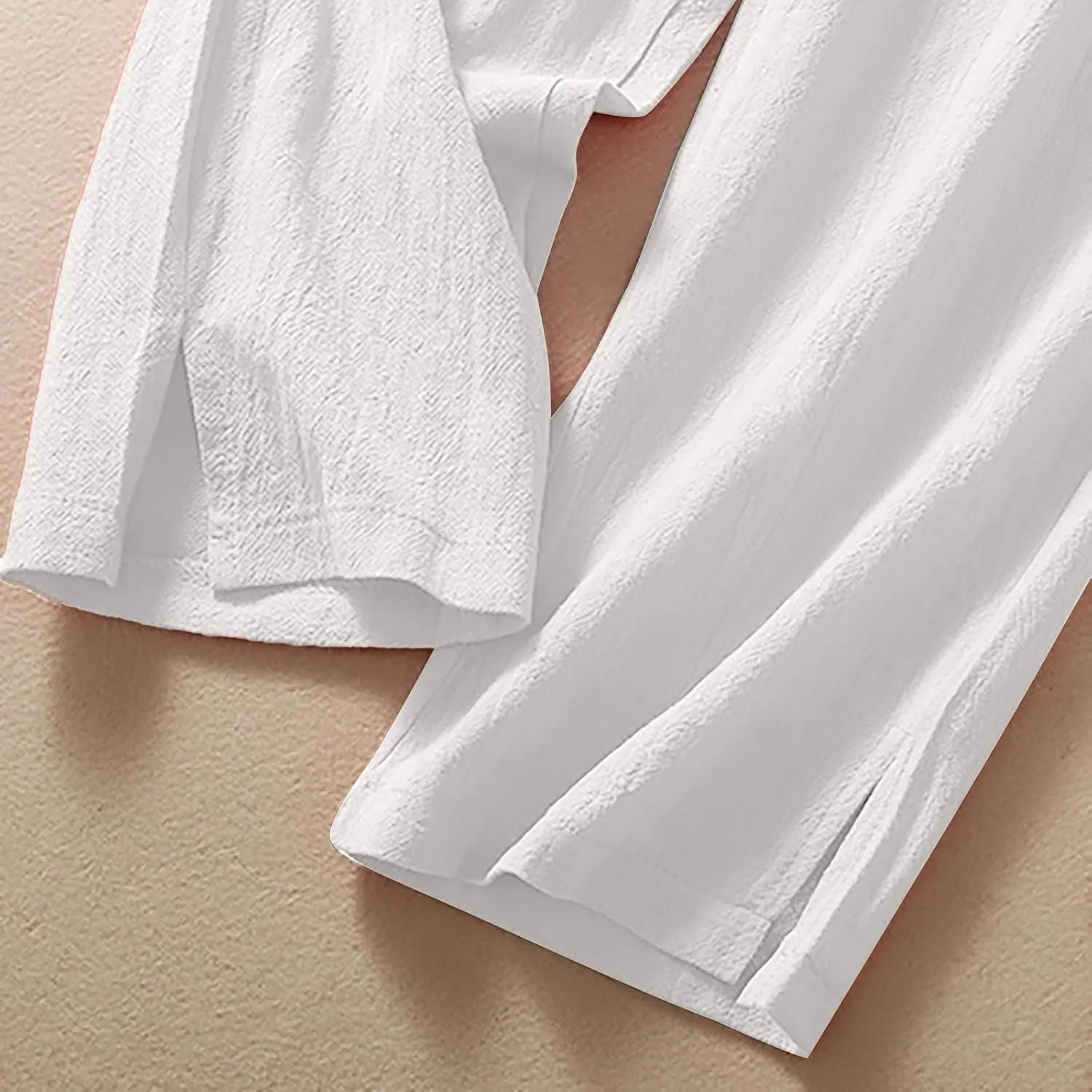 Women's Summer Casual Linen Pants Elastic High Waist Loose Slit Cropped Trousers Outdoor Hiking Workout Pants with Pockets