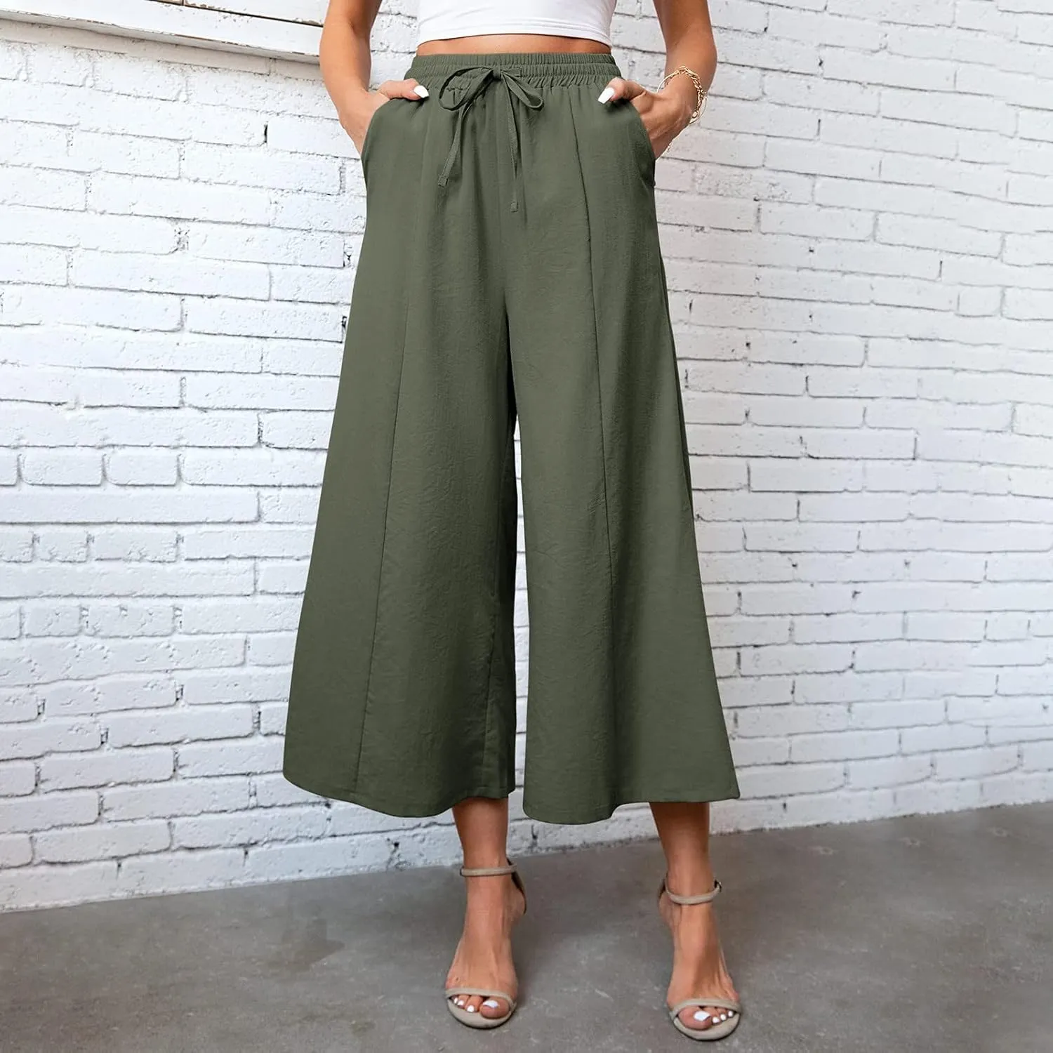Womens Summer Cotton Linen Pants Wide Leg Palazzo Drawstring Elastic Waist Lounge Trousers Flowy Loose Solid Beach Yoga Pants