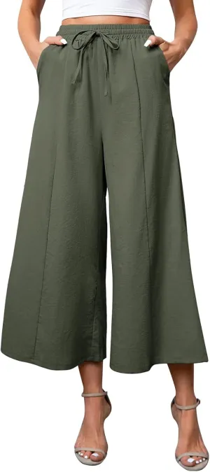 Womens Summer Cotton Linen Pants Wide Leg Palazzo Drawstring Elastic Waist Lounge Trousers Flowy Loose Solid Beach Yoga Pants