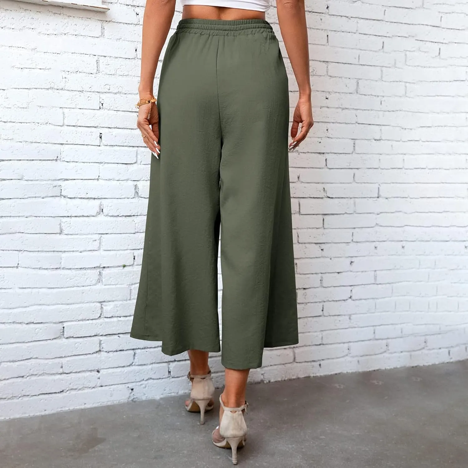 Womens Summer Cotton Linen Pants Wide Leg Palazzo Drawstring Elastic Waist Lounge Trousers Flowy Loose Solid Beach Yoga Pants