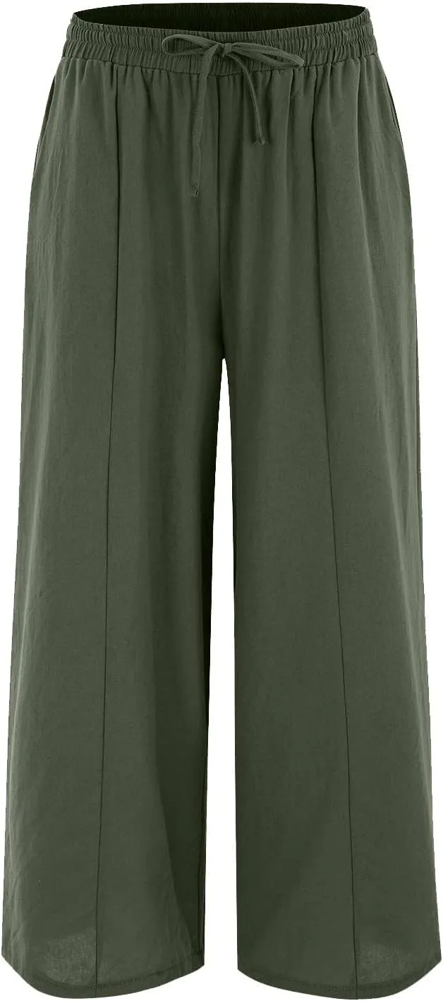 Womens Summer Cotton Linen Pants Wide Leg Palazzo Drawstring Elastic Waist Lounge Trousers Flowy Loose Solid Beach Yoga Pants