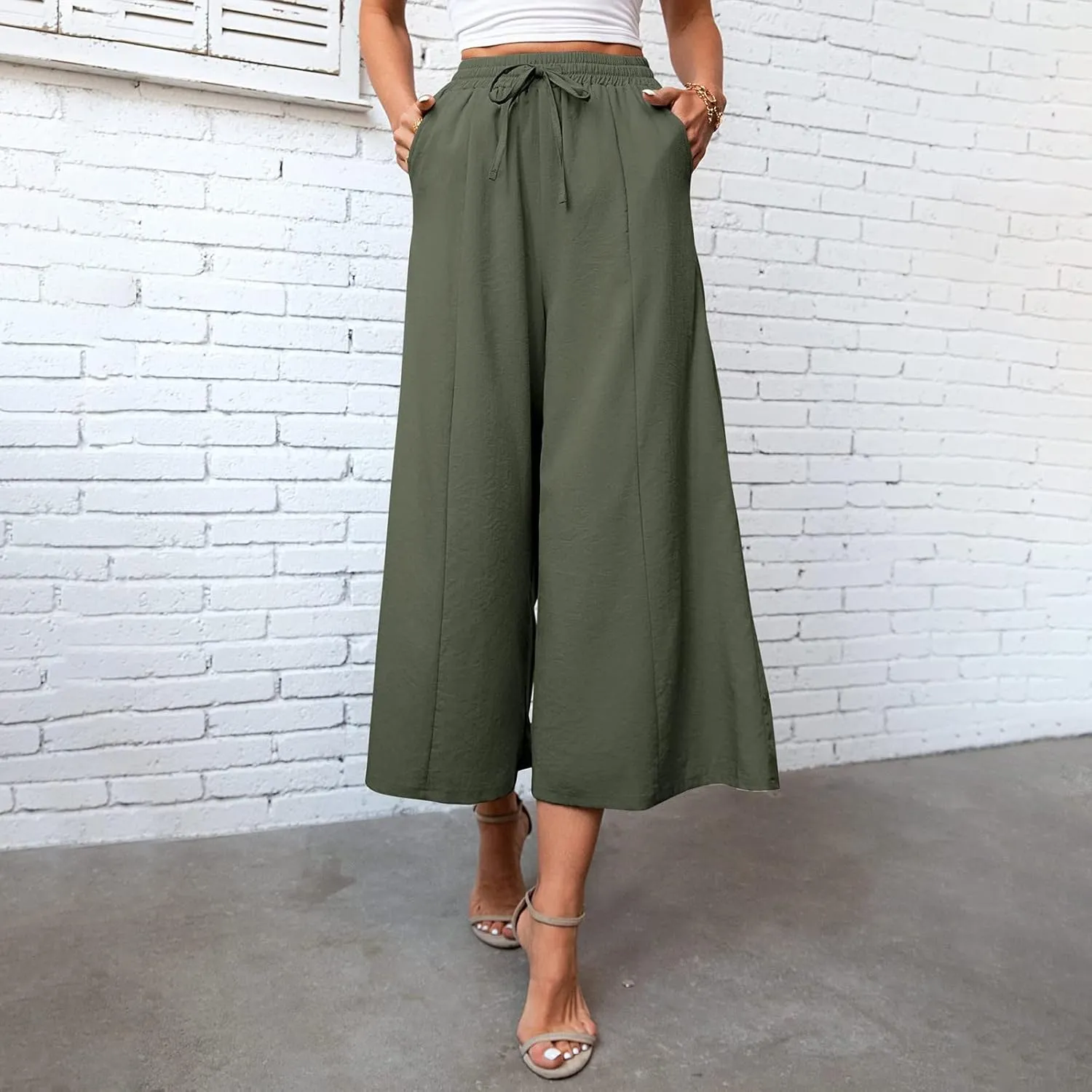 Womens Summer Cotton Linen Pants Wide Leg Palazzo Drawstring Elastic Waist Lounge Trousers Flowy Loose Solid Beach Yoga Pants