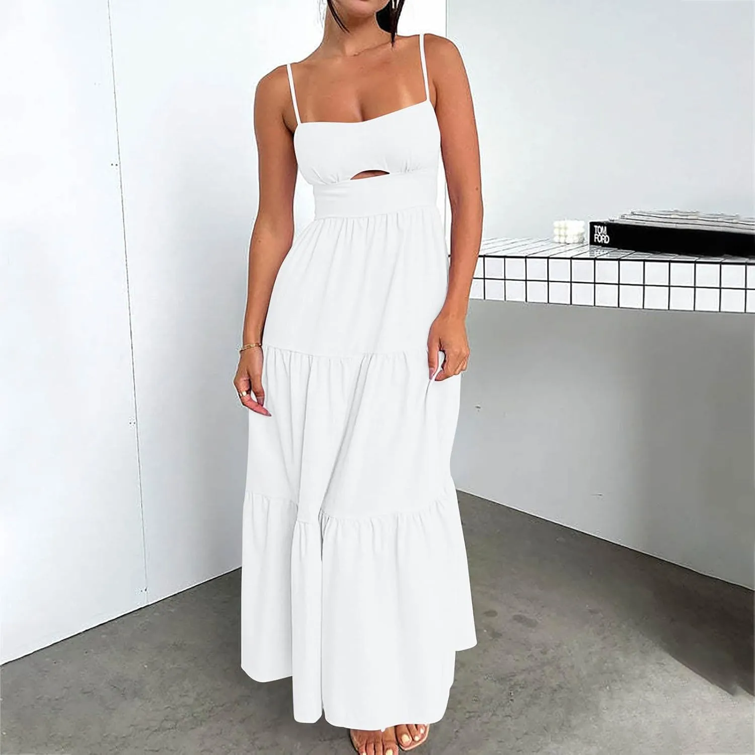 Women's Summer Cutout Maxi Dress Casual Boho Sleeveless Spaghetti Strap Long Beach Dress Smocked Tiered Sun Dresses