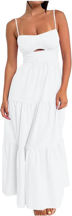 Women's Summer Cutout Maxi Dress Casual Boho Sleeveless Spaghetti Strap Long Beach Dress Smocked Tiered Sun Dresses