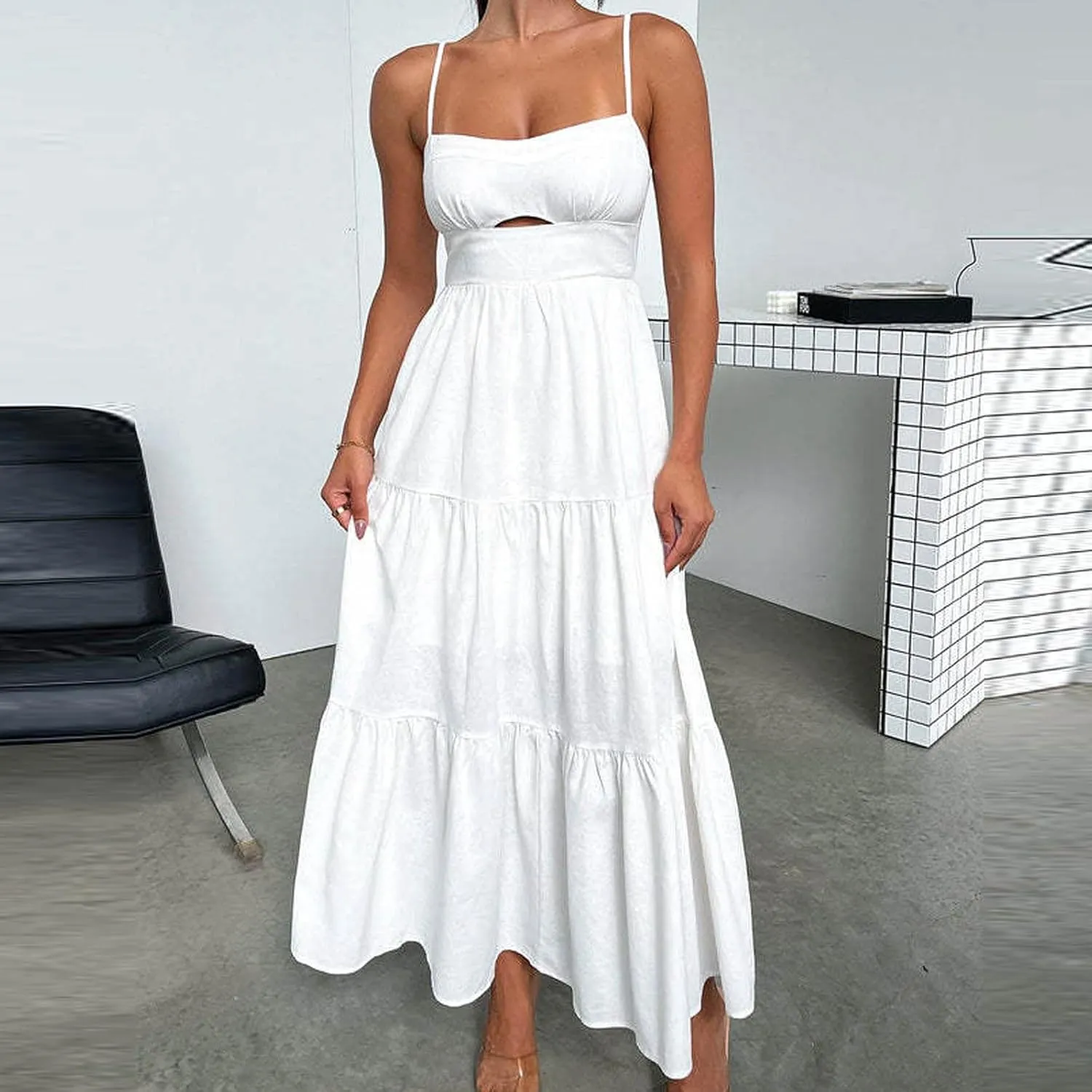 Women's Summer Cutout Maxi Dress Casual Boho Sleeveless Spaghetti Strap Long Beach Dress Smocked Tiered Sun Dresses
