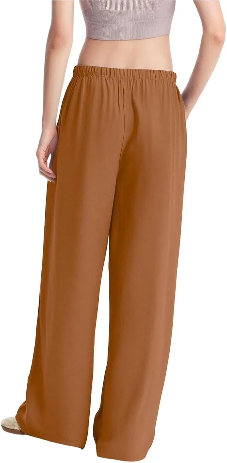 Women's Summer Elastic Waist Wide Leg Pants 2025 Solid Color Cotton Linen Lounge Flowy Long Trousers