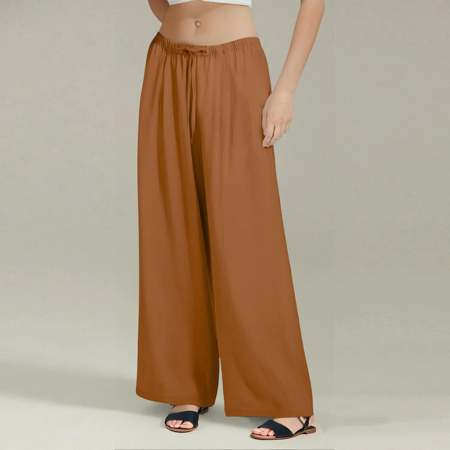 Women's Summer Elastic Waist Wide Leg Pants 2025 Solid Color Cotton Linen Lounge Flowy Long Trousers