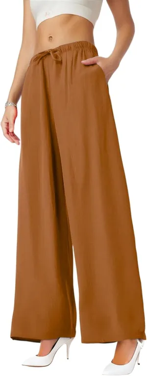 Women's Summer Elastic Waist Wide Leg Pants 2025 Solid Color Cotton Linen Lounge Flowy Long Trousers