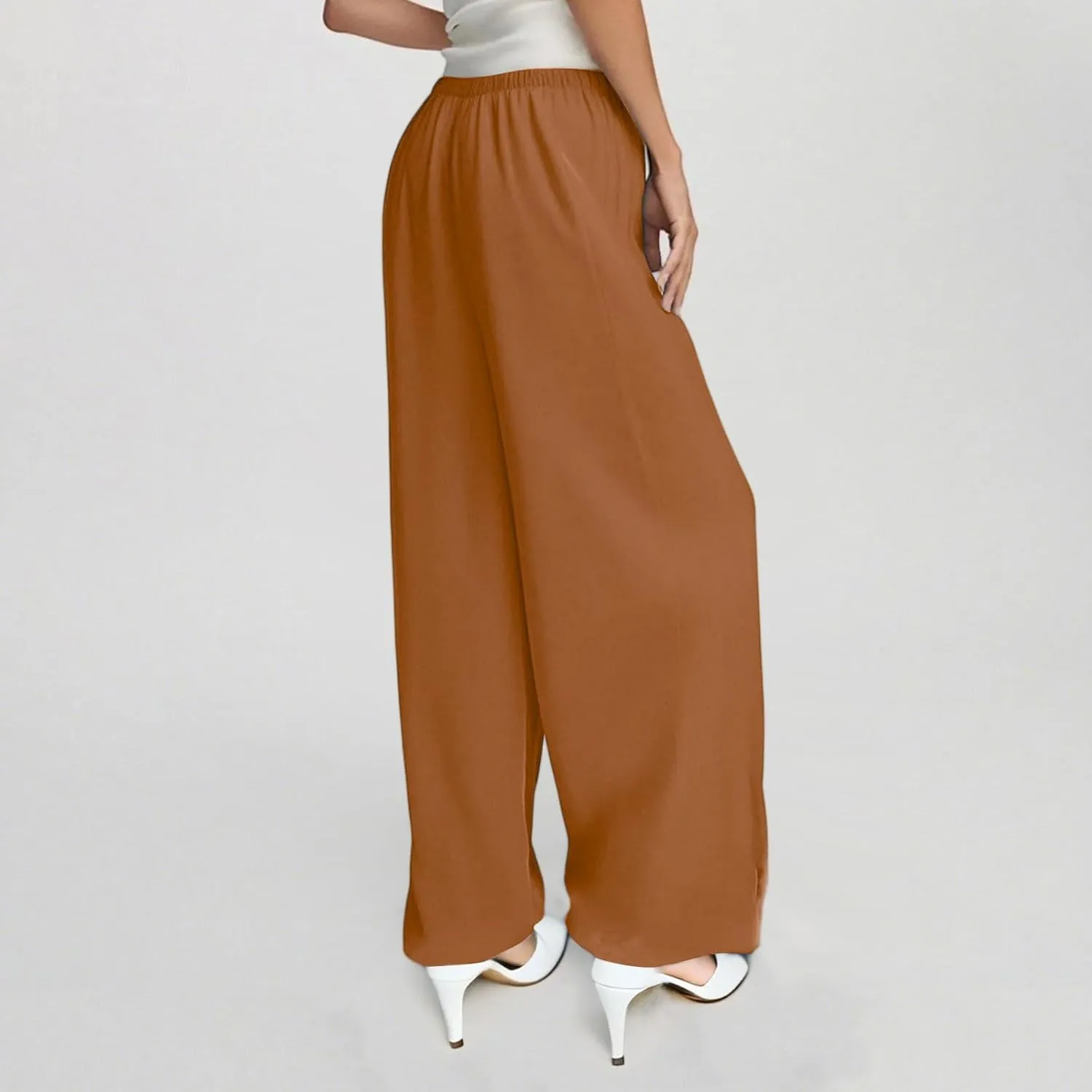 Women's Summer Elastic Waist Wide Leg Pants 2025 Solid Color Cotton Linen Lounge Flowy Long Trousers
