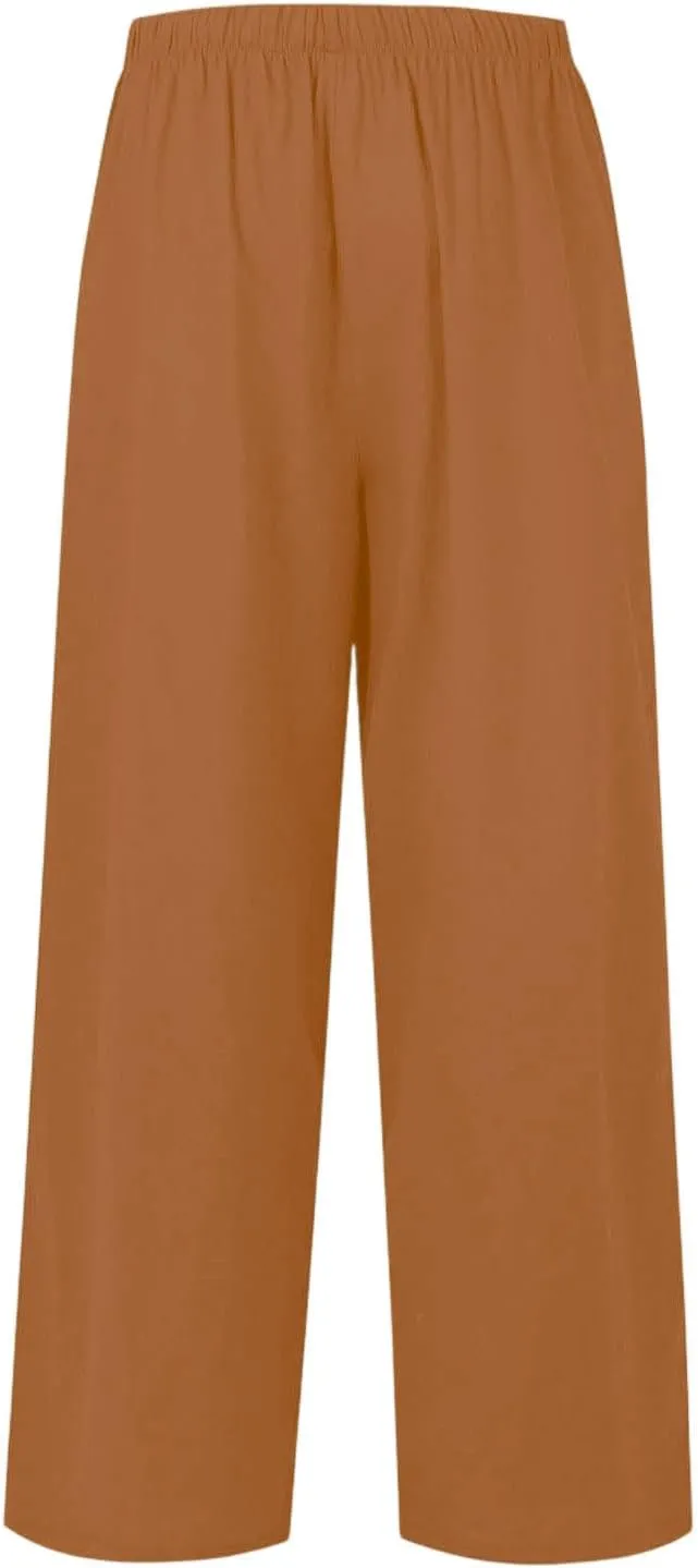Women's Summer Elastic Waist Wide Leg Pants 2025 Solid Color Cotton Linen Lounge Flowy Long Trousers