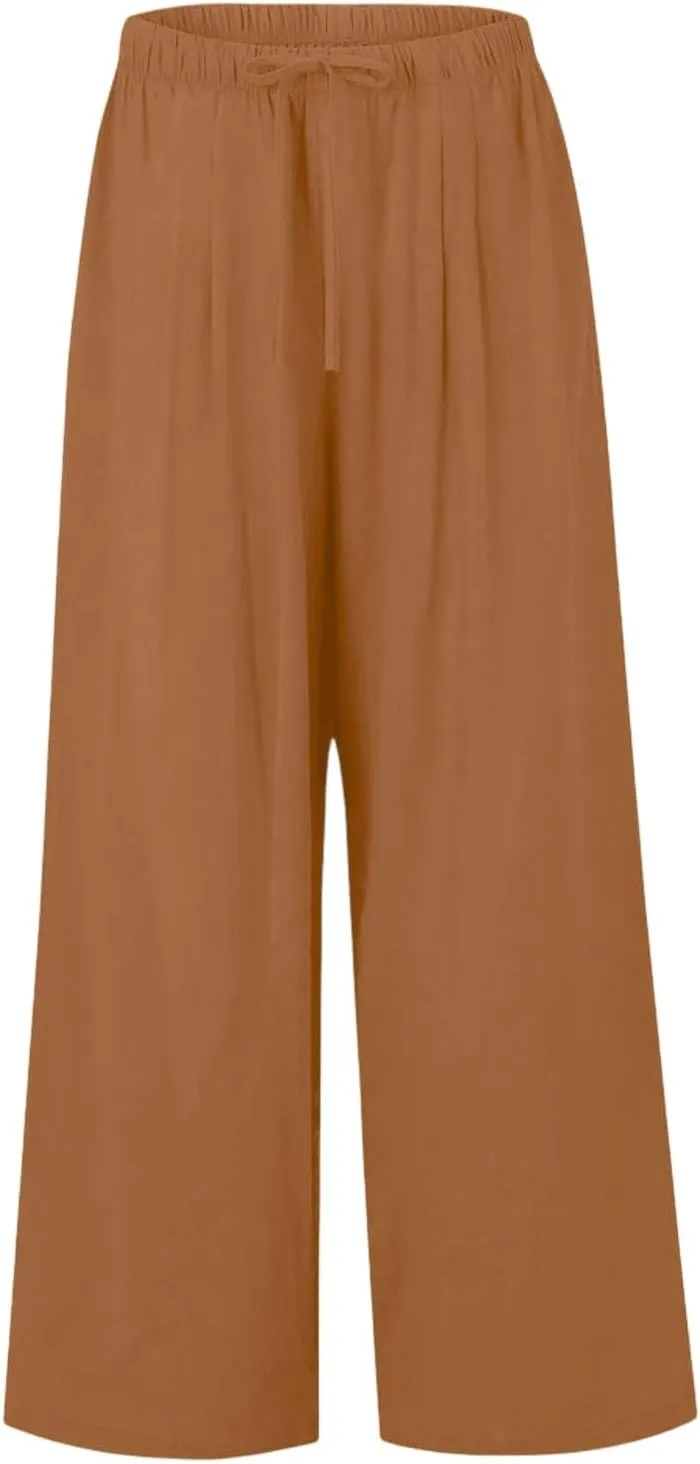 Women's Summer Elastic Waist Wide Leg Pants 2025 Solid Color Cotton Linen Lounge Flowy Long Trousers