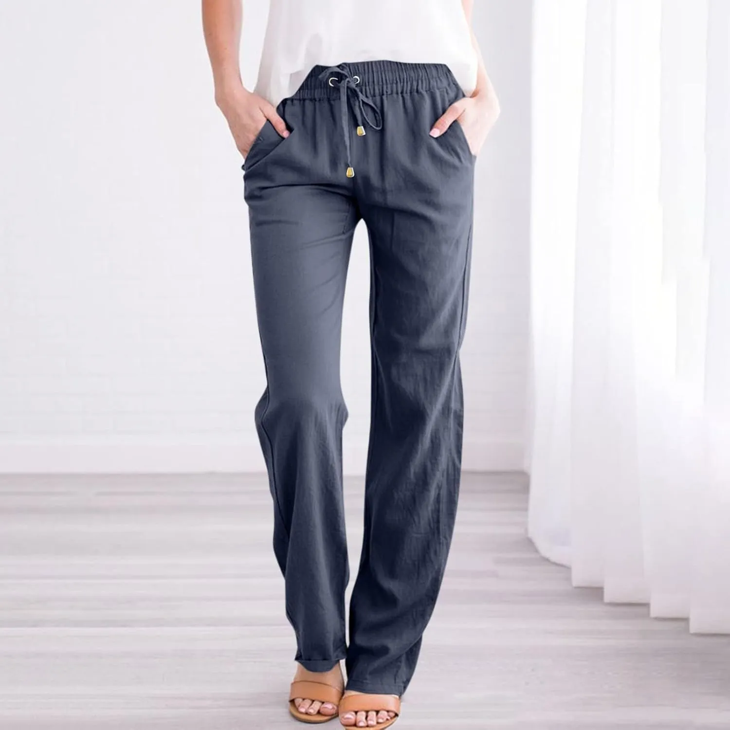 Women's Summer Fashion Linen Pants Loose Fit High Waisted Business Casual Pants Wide Leg Trouser Pants with Pockets