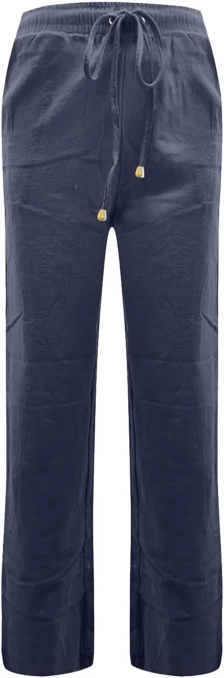 Women's Summer Fashion Linen Pants Loose Fit High Waisted Business Casual Pants Wide Leg Trouser Pants with Pockets