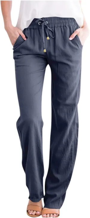 Women's Summer Fashion Linen Pants Loose Fit High Waisted Business Casual Pants Wide Leg Trouser Pants with Pockets