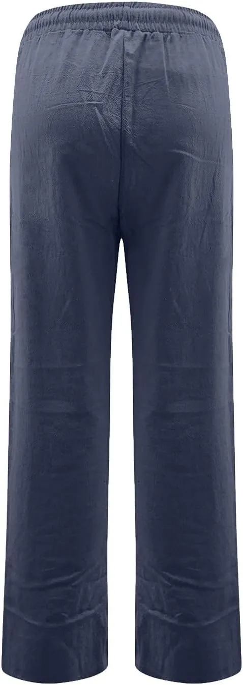 Women's Summer Fashion Linen Pants Loose Fit High Waisted Business Casual Pants Wide Leg Trouser Pants with Pockets