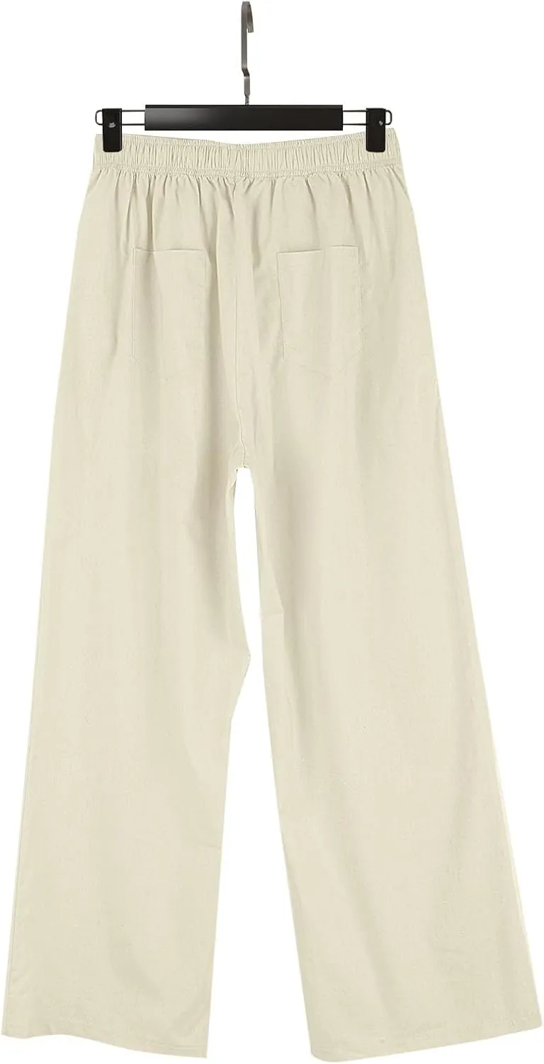 Womens Summer Linen Pants Wide Leg Elastic Waist Button Fly Long Lounge Pants Beach Loose Comfy Palazzo Trousers with Pockets
