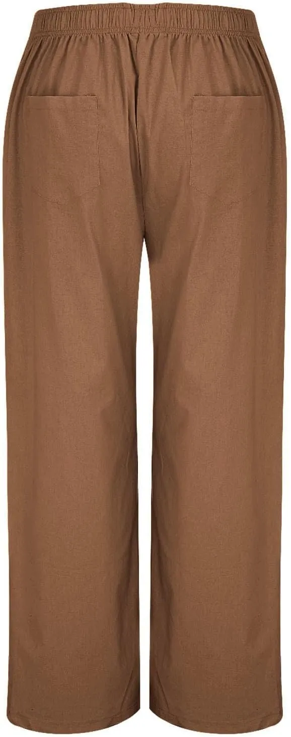 Womens Summer Linen Pants Wide Leg Elastic Waist Button Fly Long Lounge Pants Beach Loose Comfy Palazzo Trousers with Pockets