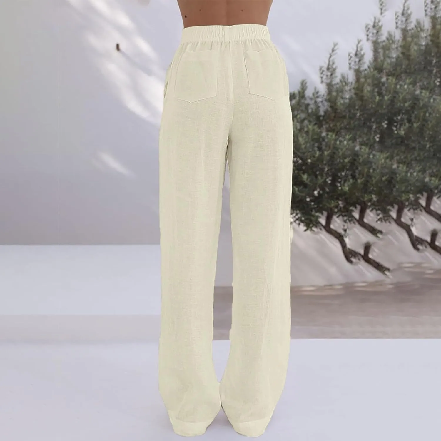 Womens Summer Linen Pants Wide Leg Elastic Waist Button Fly Long Lounge Pants Beach Loose Comfy Palazzo Trousers with Pockets