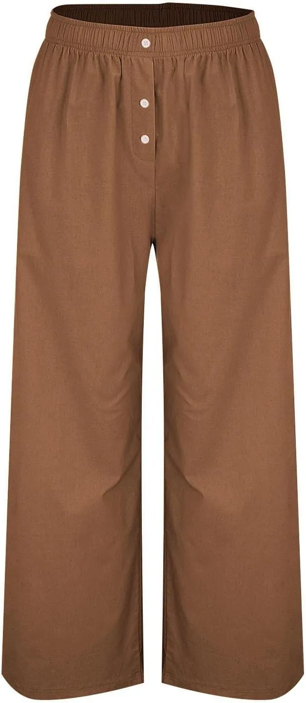 Womens Summer Linen Pants Wide Leg Elastic Waist Button Fly Long Lounge Pants Beach Loose Comfy Palazzo Trousers with Pockets