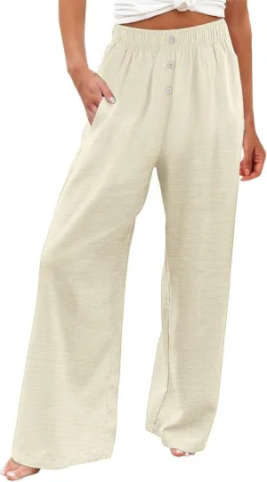 Womens Summer Linen Pants Wide Leg Elastic Waist Button Fly Long Lounge Pants Beach Loose Comfy Palazzo Trousers with Pockets