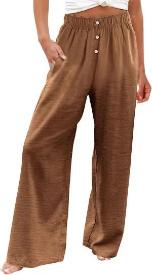 Womens Summer Linen Pants Wide Leg Elastic Waist Button Fly Long Lounge Pants Beach Loose Comfy Palazzo Trousers with Pockets