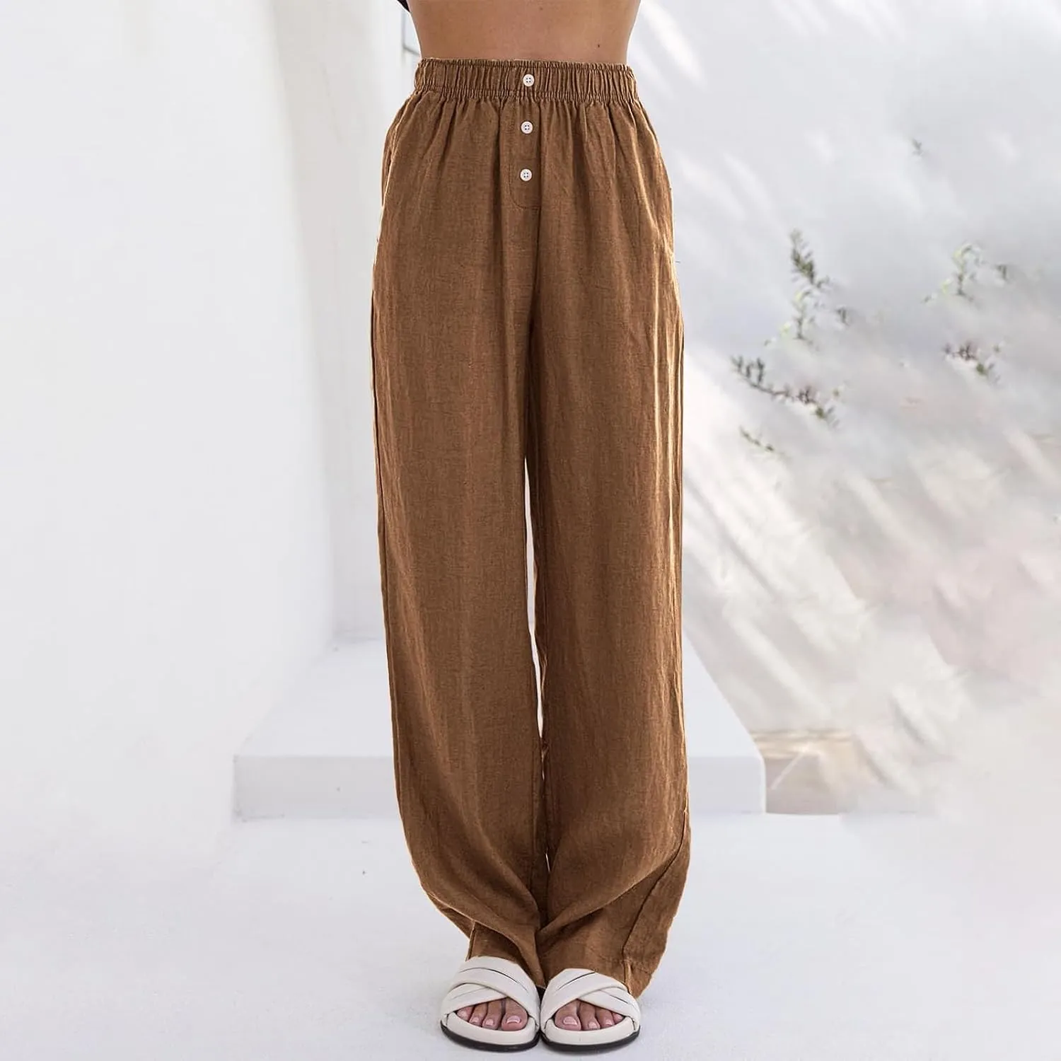 Womens Summer Linen Pants Wide Leg Elastic Waist Button Fly Long Lounge Pants Beach Loose Comfy Palazzo Trousers with Pockets