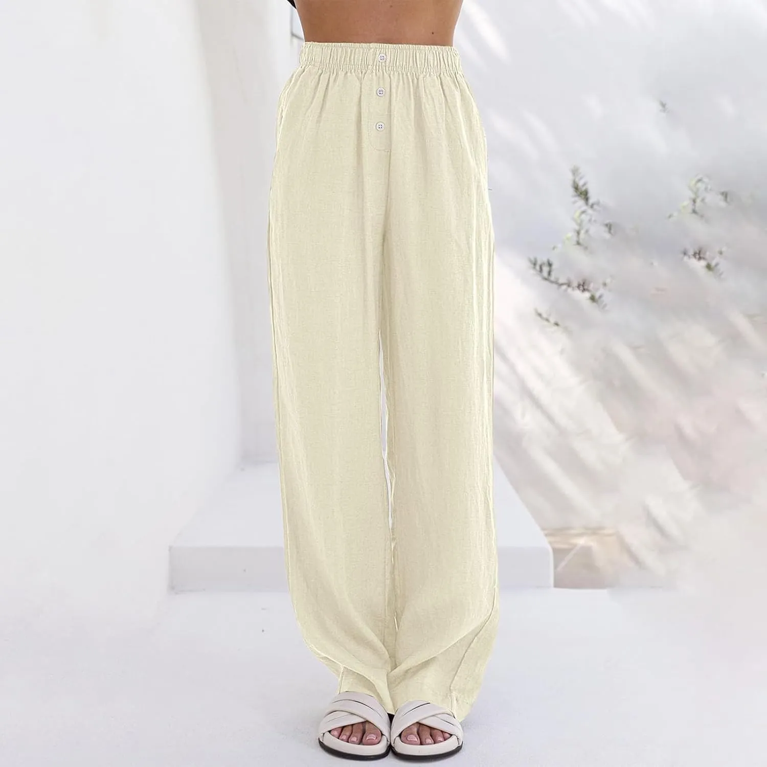 Womens Summer Linen Pants Wide Leg Elastic Waist Button Fly Long Lounge Pants Beach Loose Comfy Palazzo Trousers with Pockets