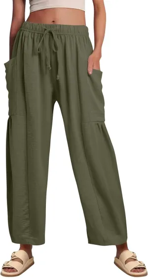 Womens Summer Pants High Waisted Drawstring Pants Wide Leg Casual Loose Baggy Beach Palazzo Trousers with Pockets