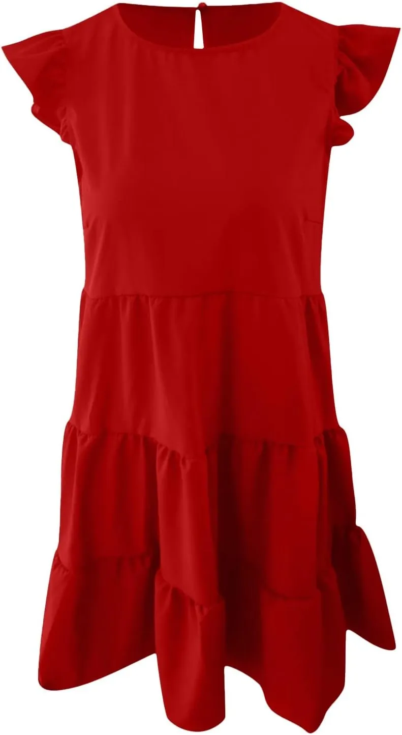 Womens Summer Sundresses 2024 Loose Sleeveless Solid Tiered Ruffle Dresses Swing Vacation Crew Neck Midi Dress