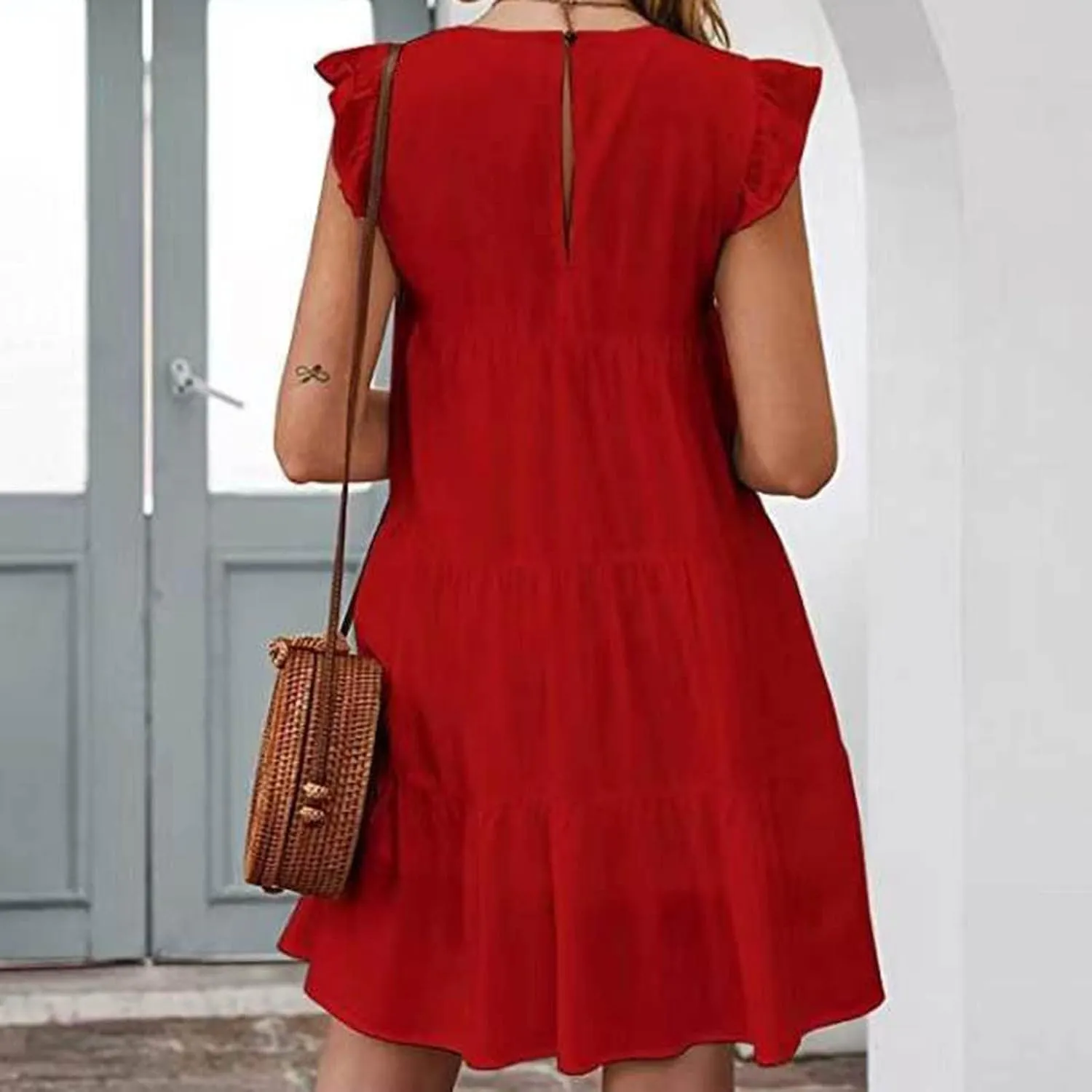 Womens Summer Sundresses 2024 Loose Sleeveless Solid Tiered Ruffle Dresses Swing Vacation Crew Neck Midi Dress