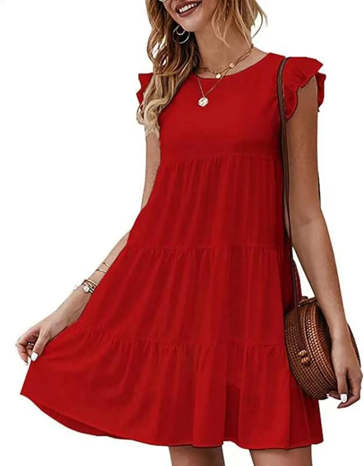 Womens Summer Sundresses 2024 Loose Sleeveless Solid Tiered Ruffle Dresses Swing Vacation Crew Neck Midi Dress