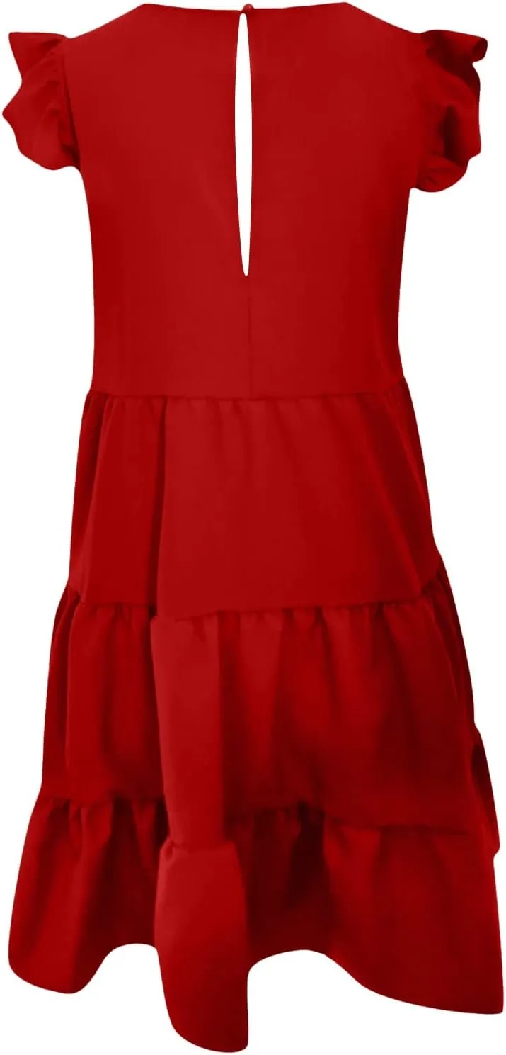 Womens Summer Sundresses 2024 Loose Sleeveless Solid Tiered Ruffle Dresses Swing Vacation Crew Neck Midi Dress