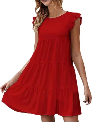 Womens Summer Sundresses 2024 Loose Sleeveless Solid Tiered Ruffle Dresses Swing Vacation Crew Neck Midi Dress