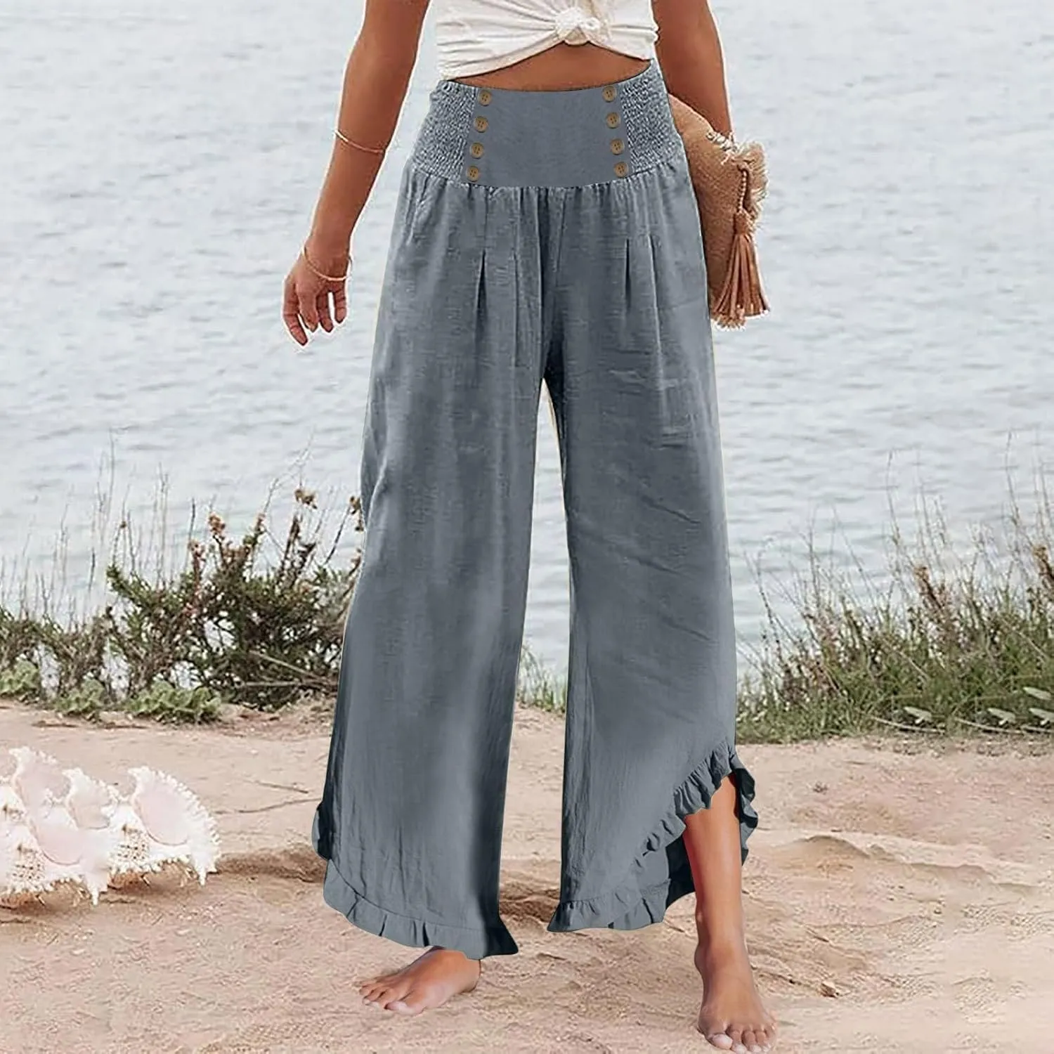 Women's Summer Wide Leg Linen Pants Smocked Waist Ruffle Hem Palazzo Pants Boho Flowy Beach Pants with Pockets
