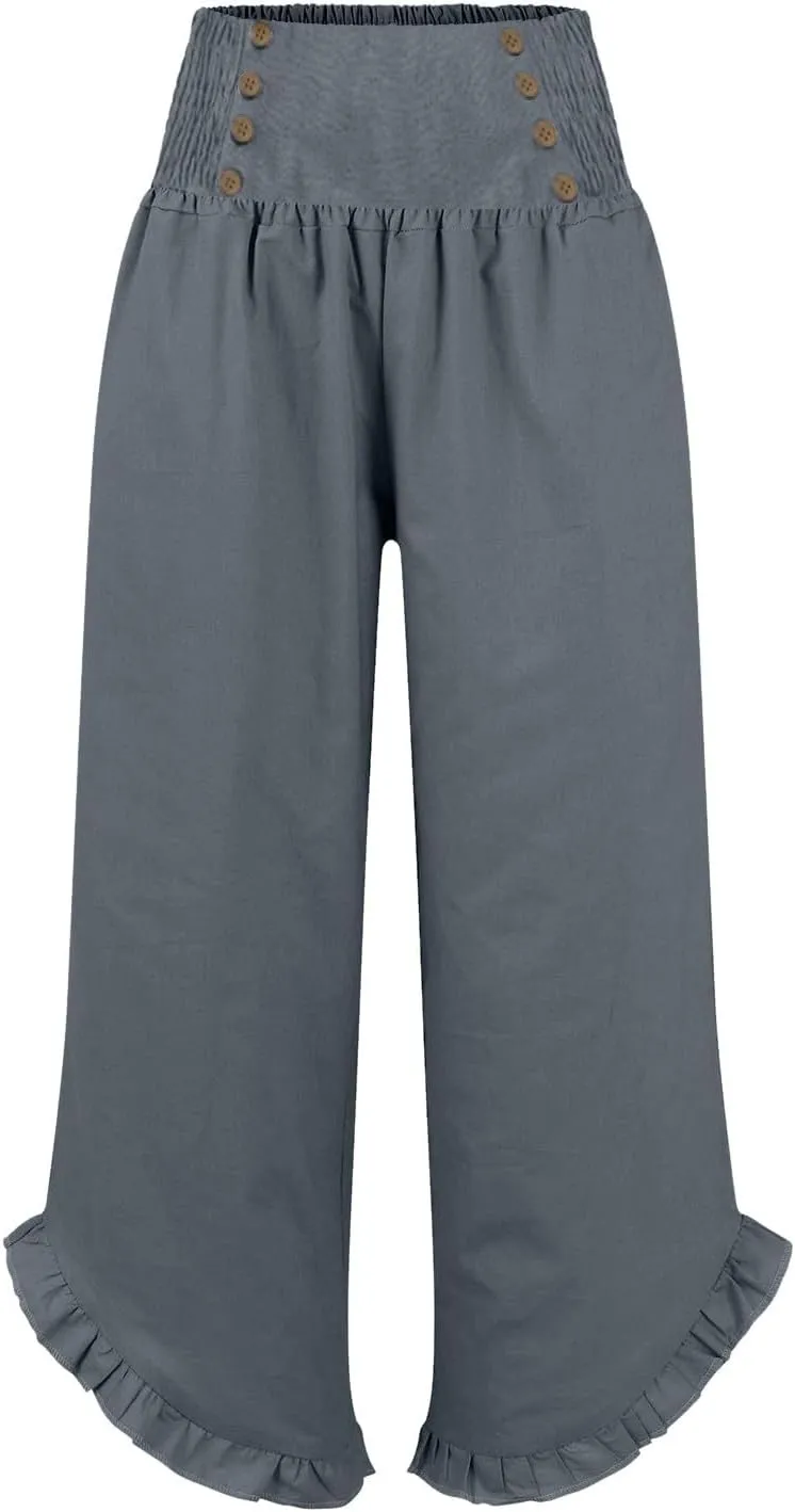 Women's Summer Wide Leg Linen Pants Smocked Waist Ruffle Hem Palazzo Pants Boho Flowy Beach Pants with Pockets