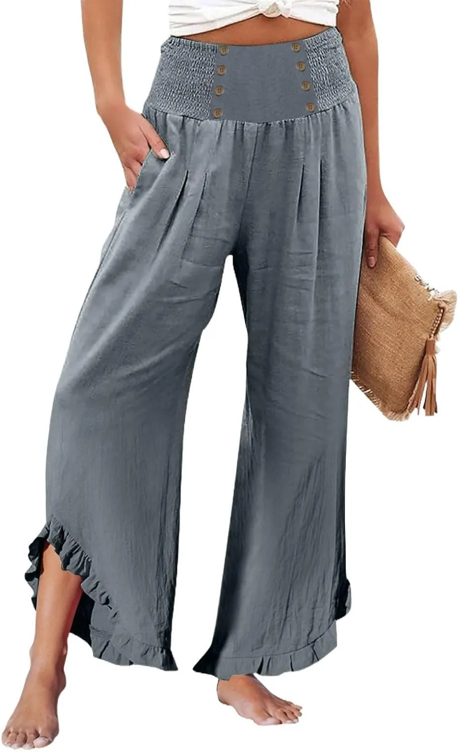 Women's Summer Wide Leg Linen Pants Smocked Waist Ruffle Hem Palazzo Pants Boho Flowy Beach Pants with Pockets