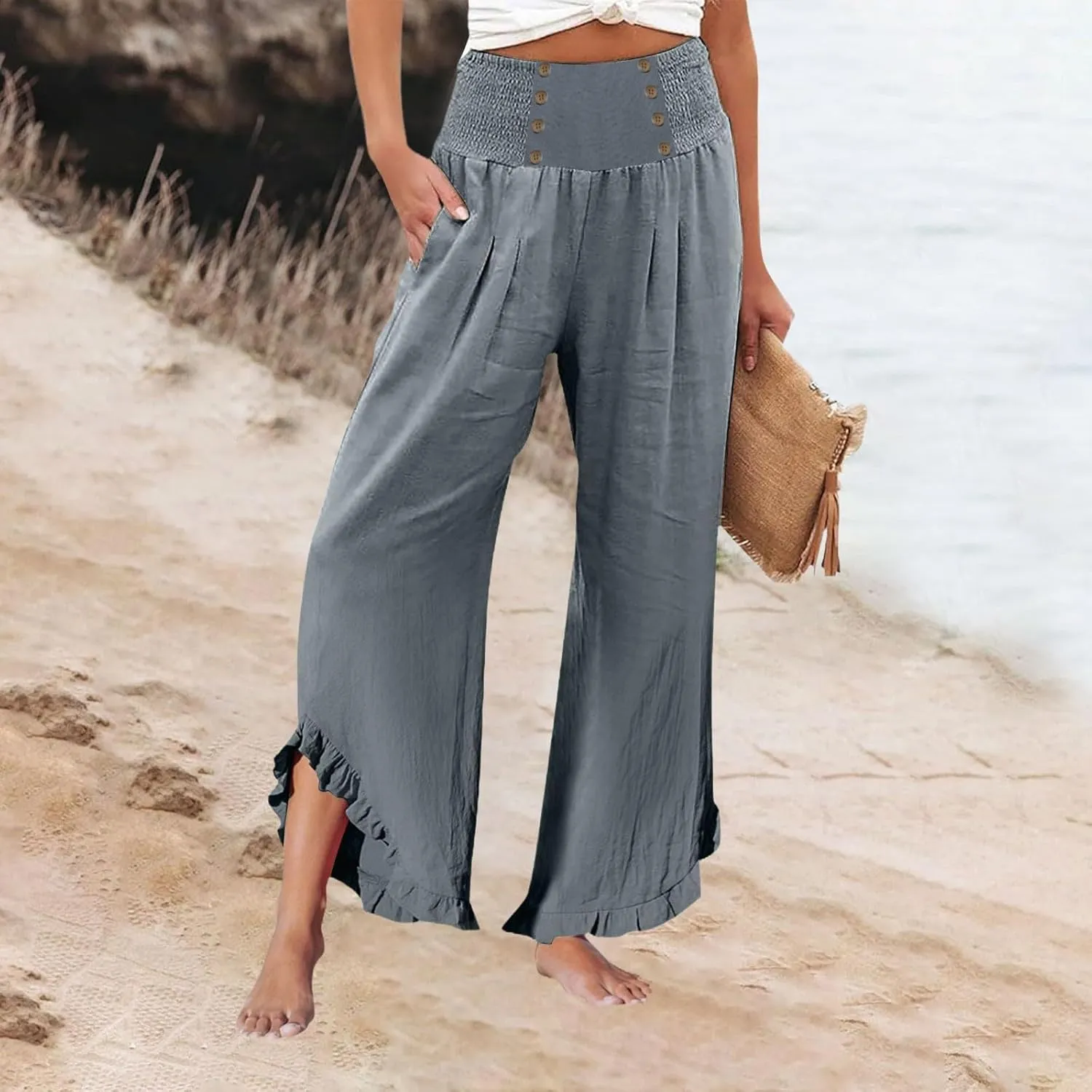 Women's Summer Wide Leg Linen Pants Smocked Waist Ruffle Hem Palazzo Pants Boho Flowy Beach Pants with Pockets