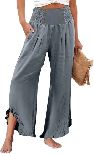 Women's Summer Wide Leg Linen Pants Smocked Waist Ruffle Hem Palazzo Pants Boho Flowy Beach Pants with Pockets