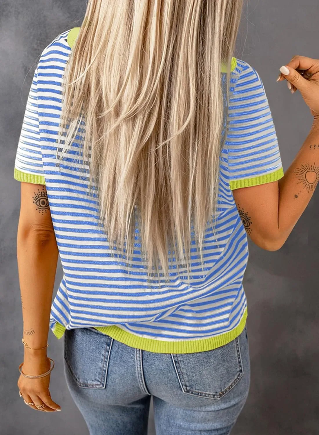 Womens Sweaters Casual Crewneck Short Sleeve Striped Color Block Knitted Cotton Trendy Pullover Sweater Tops