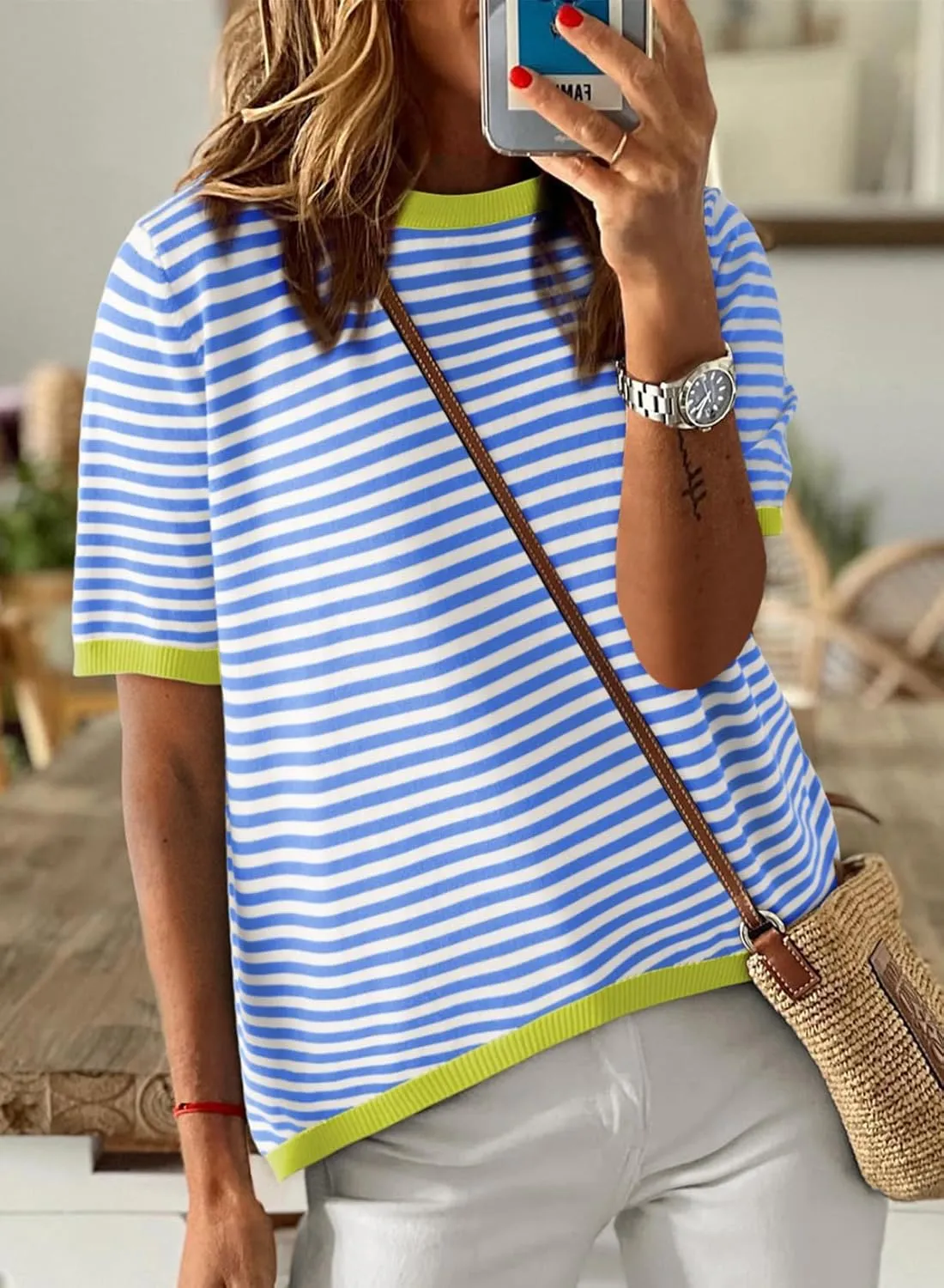 Womens Sweaters Casual Crewneck Short Sleeve Striped Color Block Knitted Cotton Trendy Pullover Sweater Tops