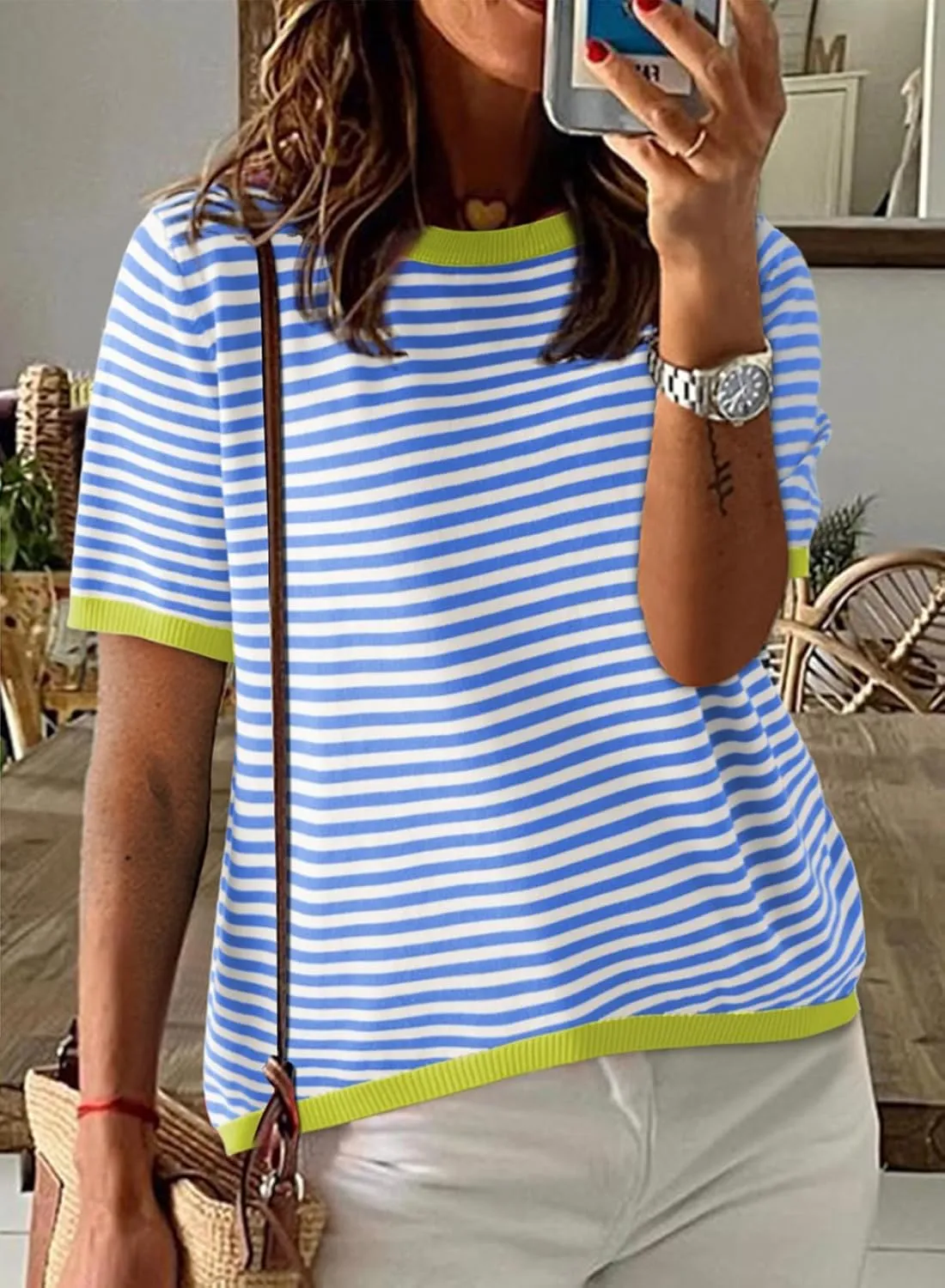 Womens Sweaters Casual Crewneck Short Sleeve Striped Color Block Knitted Cotton Trendy Pullover Sweater Tops